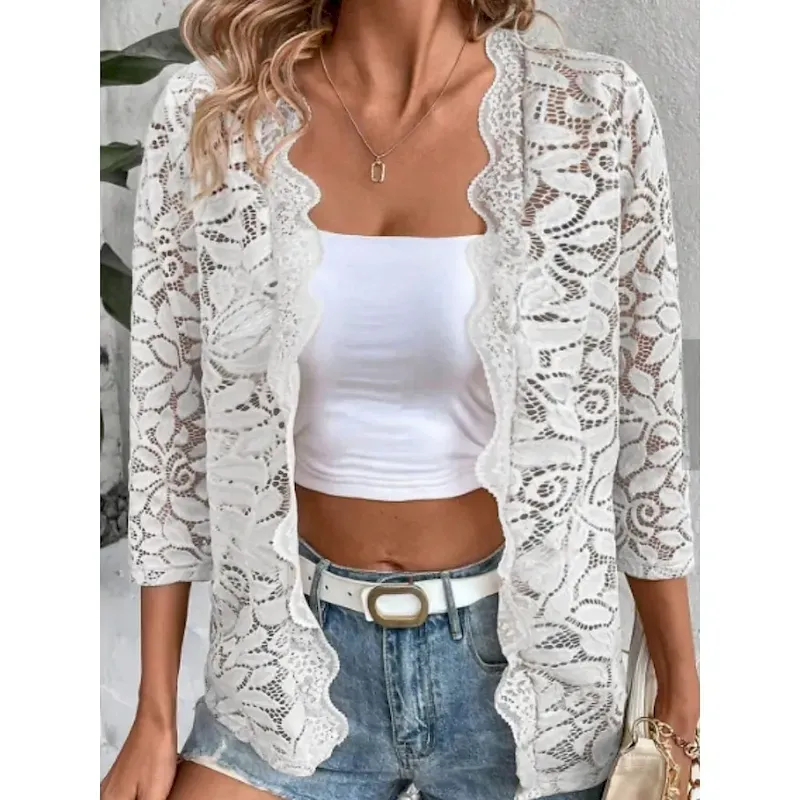 bizrsh1740627479401-1.webp Women's Outerwear Casual Jacket Breathable Comfortable Lace Patchwork Casual Plain Vacation Street Daily Wear Going out Open Front Collarless Regular Fit 3/4 Length Sleeve Outerwear Black White - Image 1