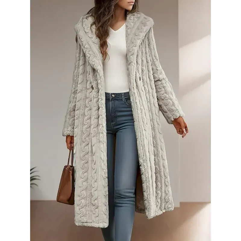 cijrwc1724936123820.webp Women's Winter Coat Street Daily Wear Going out Fall Winter Long Coat Loose Fit Warm Breathable Comtemporary Stylish Casual Jacket Long Sleeve Solid Color Knit Light Grey - Image 1
