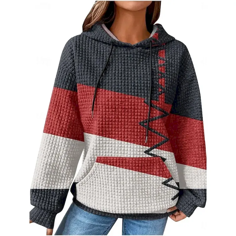 dntedx1756784035043.webp Women's Pullover Hoodie Sweatshirt Geometric Striped Casual Long Sleeve Hooded Regular Tops Street Dailywear Pocket Print White Wine Red Blue Fall Winter - Image 1