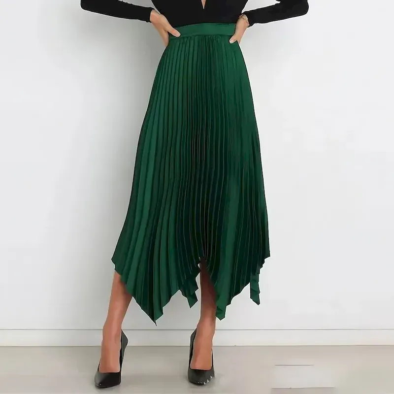eopqlq1699611813370.webp Women's Skirt Swing Long Skirt Elegant Fashion Maxi High Waist Skirts Solid Colored Pleated Asymmetric Hem Party Street Black White Wine Dark Green Spring & Summer Satin - Image 1