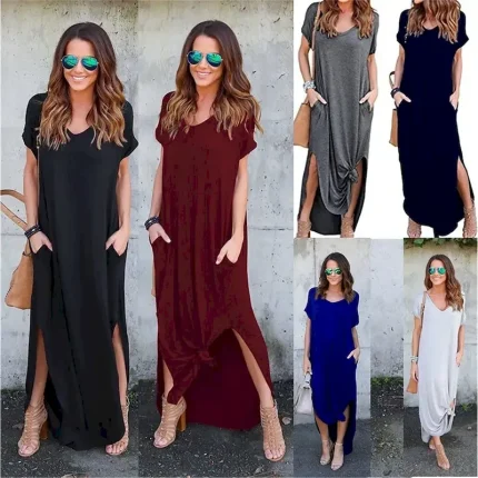 Women's Casual Dress Long Dress Maxi Dress Cotton Pocket Split Date Maxi Basic V Neck Short Sleeve Black White Pink Color