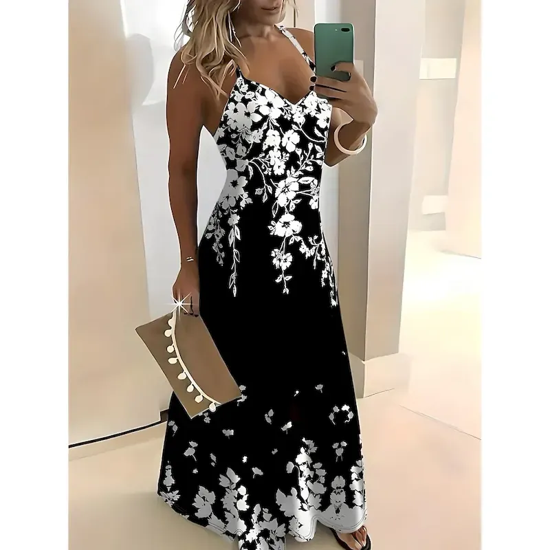 mfstgp1741224898448.webp Women's Midi Dress Sundress A Line Dress Slip Dress Vacation Casual Vacation Daily Beach Regular Fit Floral Graphic Sleeveless V Neck Black Summer Spring - Image 1