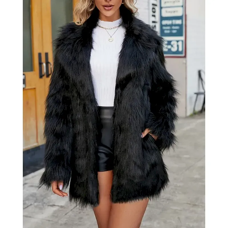 mitltg1758279944923-1.webp Women's Coat Faux Fur Coat Warm Comfortable Furs & Leathers Fashion Plain Vacation Daily Wear Going out Weekend Long Turndown Regular Fit Long Sleeve Outerwear Black Fall Winter - Image 1