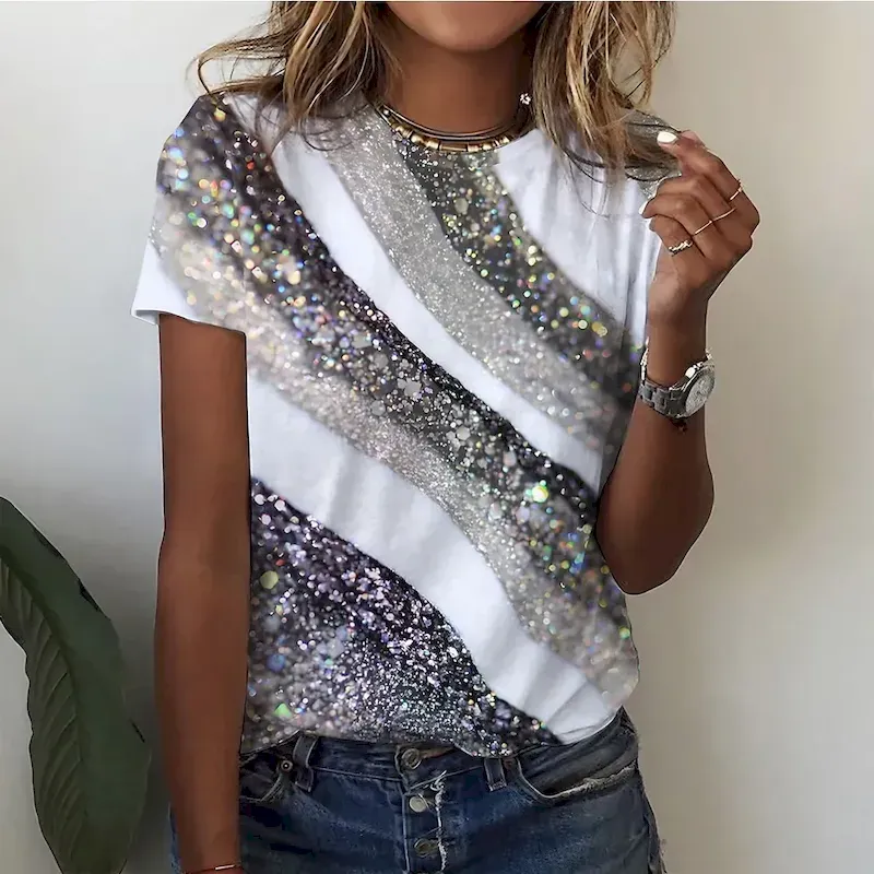 oezkbd1684149151410-1.webp Women's T Shirt Basic Print Short Sleeve Regular Tops Round Neck Daily Weekend Yellow Pink Blue Green Gray - Image 1