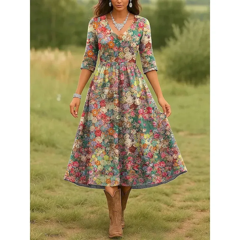 rdwvne1754029613960.webp Women's Midi Dress Casual Dress A Line Dress Vacation Casual Regular Fit Floral Graphic 3/4 Length Sleeve V Neck Pink Red Navy Blue Blue Spring Fall - Image 1