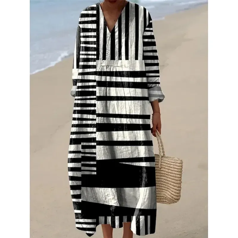 tuizgn1751421597857.webp Women's Midi Dress V Neck Long Sleeve Kaftan Lightweight Loose Fit A Line Dress Casual Boho Going out Graphic Geometric Stripe Long Sleeve V Neck Ash Black Yellow Blue Fall - Image 1