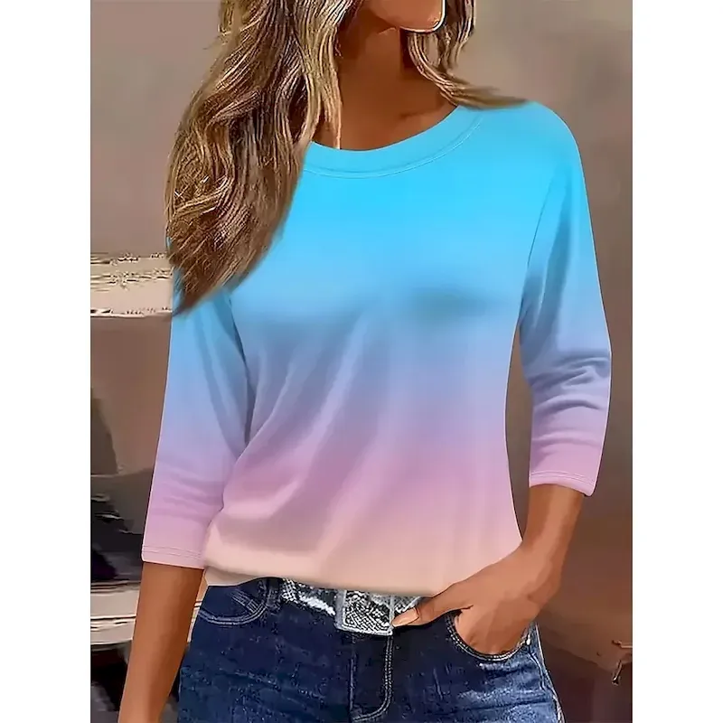uysfnp1759022495610.webp Women's T Shirt Ombre Graphic Gradient Vintage Stylish Classic Long Sleeve Crew Neck Round Neck Regular Tops Daily Print Blue Spring Fall Winter - Image 1