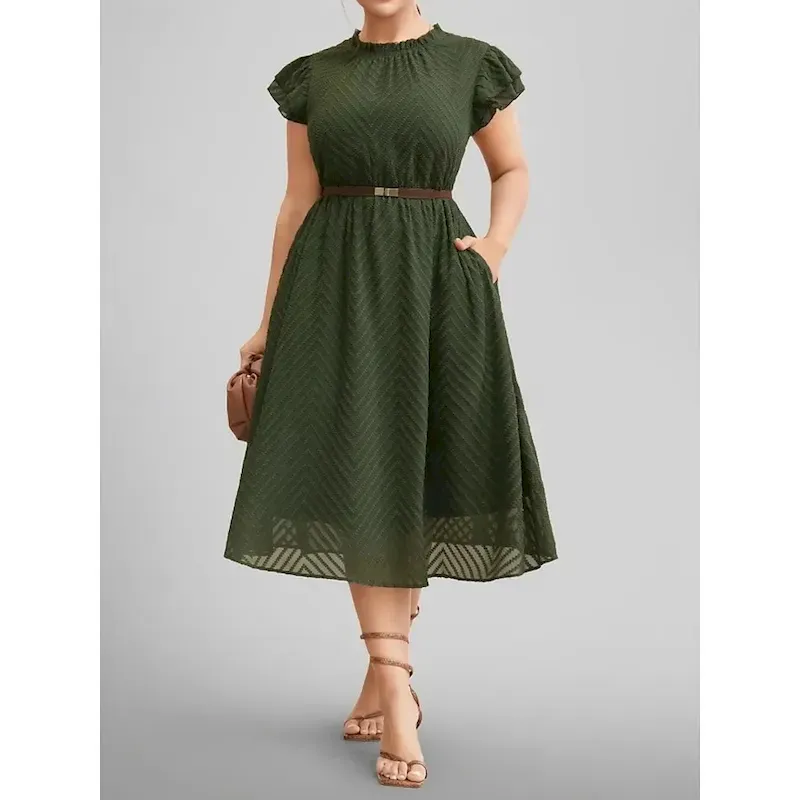 xbepik1739513064636.webp Women's Midi Dress Casual Dress A Line Dress Basic Casual Vacation Daily Regular Fit Plain Short Sleeve Crew Neck Army Green Summer - Image 1