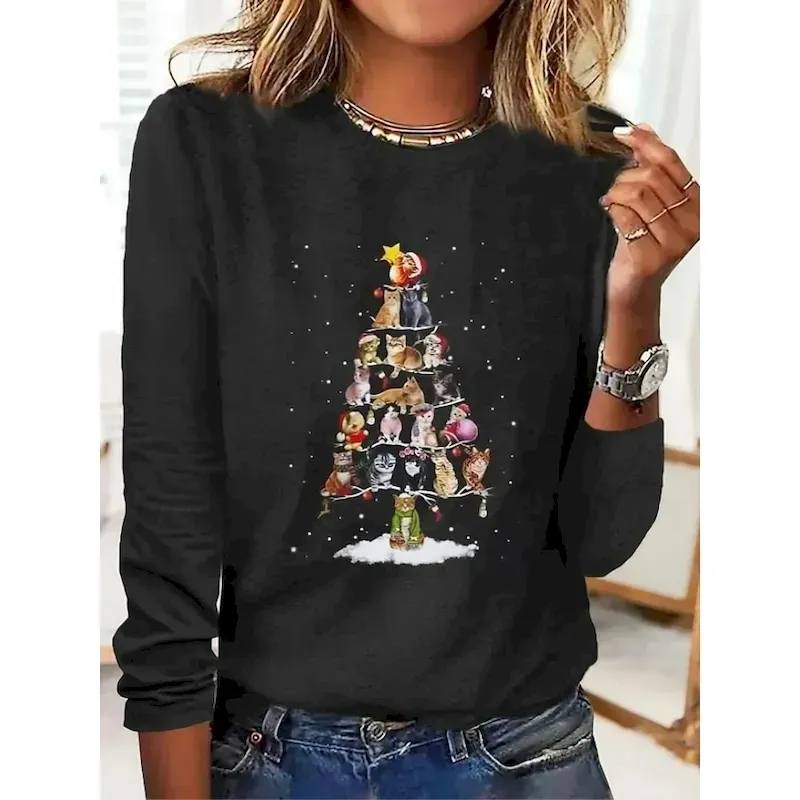 xrigso1759130368343.webp Christmas Women's T Shirt Graphic Cat Christmas Tree Vintage Fashion Stylish Long Sleeve Crew Neck Regular Tops Daily Weekend Print Black Red Blue Green Gray Fall Winter - Image 1