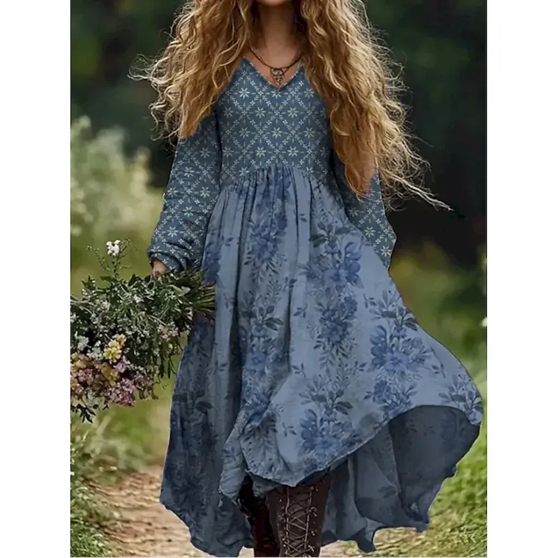 zykpti1752652656377.webp Women's Maxi Dress Sundress Pleated Dress Vacation Casual Boho Going out Beach Floral Graphic Paisley Long Sleeve V Neck Deep Green Wine Dark Pink Blue Summer Spring - Image 1